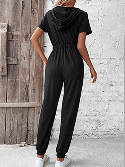 Jumpsuits- Splid Short-Sleeve Zip-Up Jumpsuit - Smocked Waist Pantsuit- - Pekosa Women Clothing