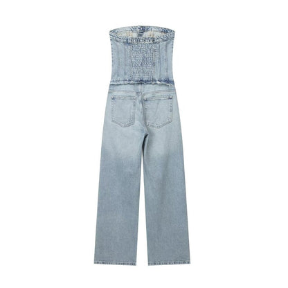 Jumpsuits- Strapless Cotton Denim Playsuit - Tube Jumpsuit- - Pekosa Women Clothing