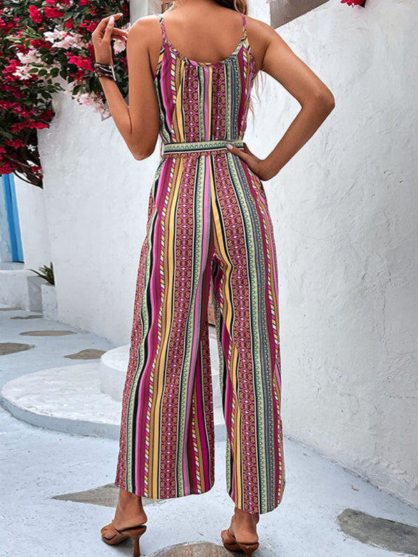 Jumpsuits- Summer Boho Print Belted Cami Jumpsuit - Full-Length Wide-Leg Playsuit- - Pekosa Women Fashion