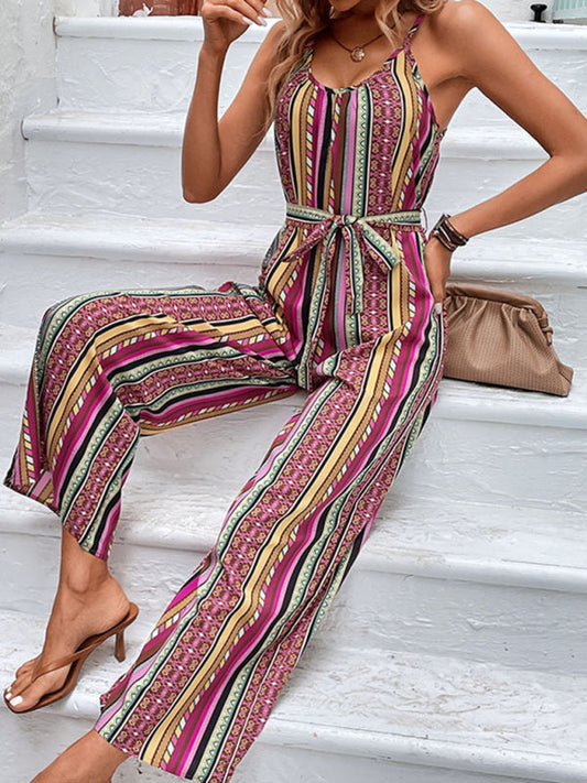 Jumpsuits- Summer Boho Print Belted Cami Jumpsuit - Full-Length Wide-Leg Playsuit- Purple- Pekosa Women Fashion