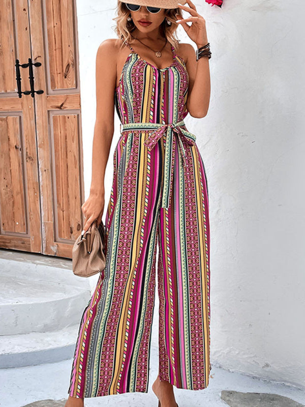 Jumpsuits- Summer Boho Print Belted Cami Jumpsuit - Full-Length Wide-Leg Playsuit- - Pekosa Women Fashion