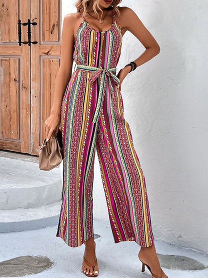 Jumpsuits- Summer Boho Print Belted Cami Jumpsuit - Full-Length Wide-Leg Playsuit- - Pekosa Women Fashion