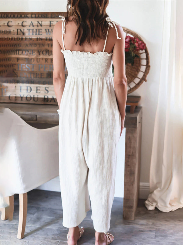 Jumpsuits- Summer Cotton Textured Wide-Leg Cami Jumpsuit - Smocked Bodice Playsuit- - Pekosa Women Clothing