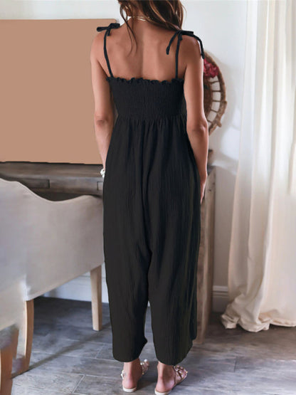 Jumpsuits- Summer Cotton Textured Wide-Leg Cami Jumpsuit - Smocked Bodice Playsuit- - Pekosa Women Clothing