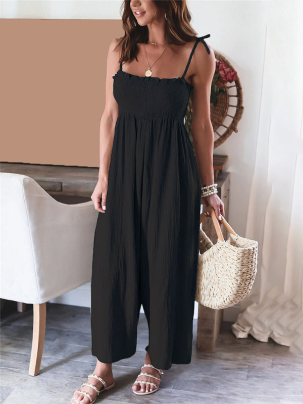 Jumpsuits- Summer Cotton Textured Wide-Leg Cami Jumpsuit - Smocked Bodice Playsuit- Black- Pekosa Women Clothing