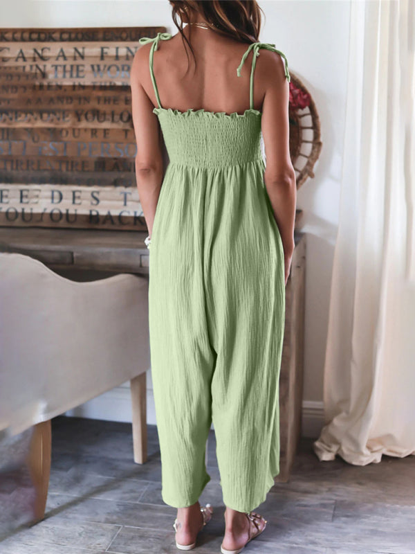 Jumpsuits- Summer Cotton Textured Wide-Leg Cami Jumpsuit - Smocked Bodice Playsuit- - Pekosa Women Clothing