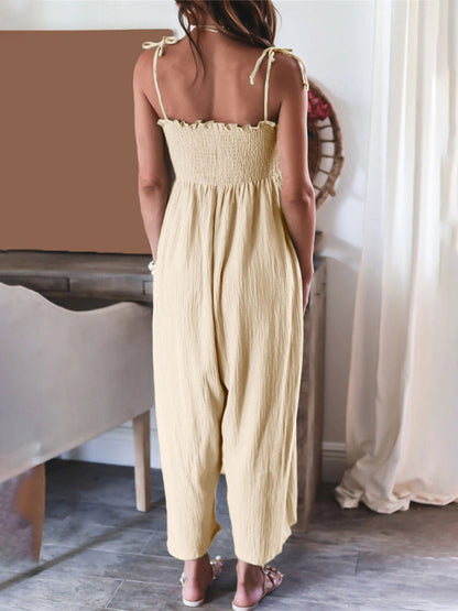 Jumpsuits- Summer Cotton Textured Wide-Leg Cami Jumpsuit - Smocked Bodice Playsuit- - Pekosa Women Clothing