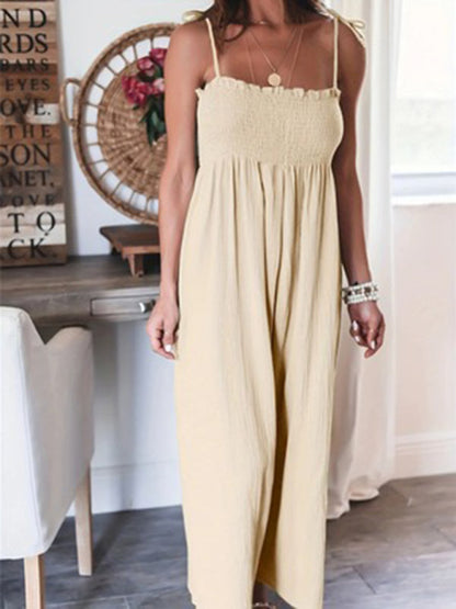 Jumpsuits- Summer Cotton Textured Wide-Leg Cami Jumpsuit - Smocked Bodice Playsuit- Cracker khaki- Pekosa Women Clothing