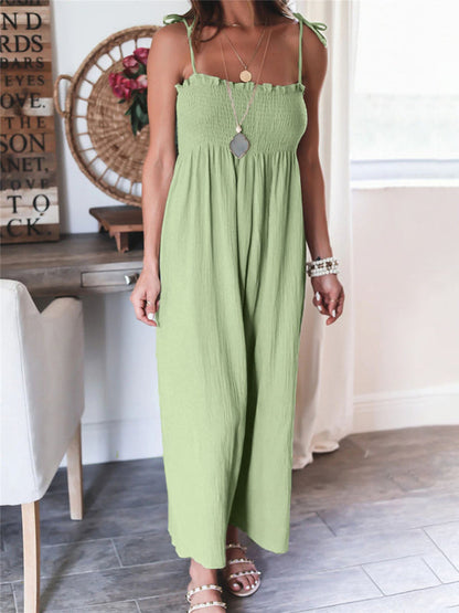 Jumpsuits- Summer Cotton Textured Wide-Leg Cami Jumpsuit - Smocked Bodice Playsuit- Green- Pekosa Women Clothing