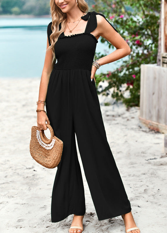 Jumpsuits- Vacation Casual Smocked Jumpsuits - Wide Leg Overalls with Pockes- Black- Pekosa Women Clothing