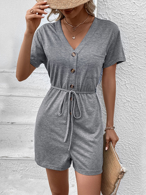 Jumpsuits- Versatile Women's Romper: Button Front, Straight Legs - Jumpsuit- - Pekosa Women Clothing