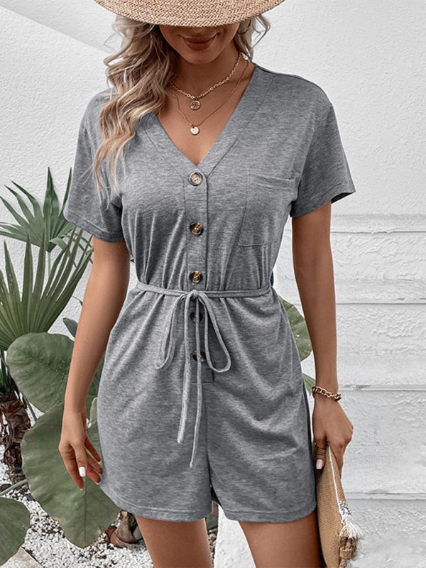 Jumpsuits- Versatile Women's Romper: Button Front, Straight Legs - Jumpsuit- - Pekosa Women Clothing