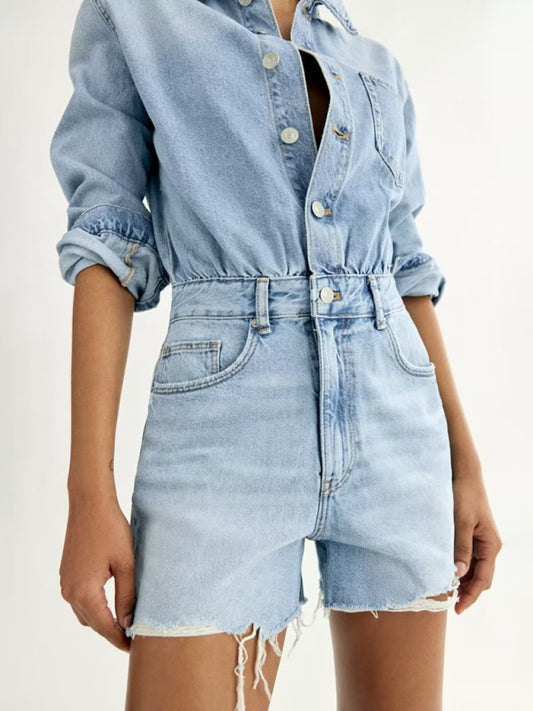 Jumpsuits- Washed Denim Romper - Collared Button-Up Jumpsuit with Long Sleeves- Blue- Pekosa Women Clothing