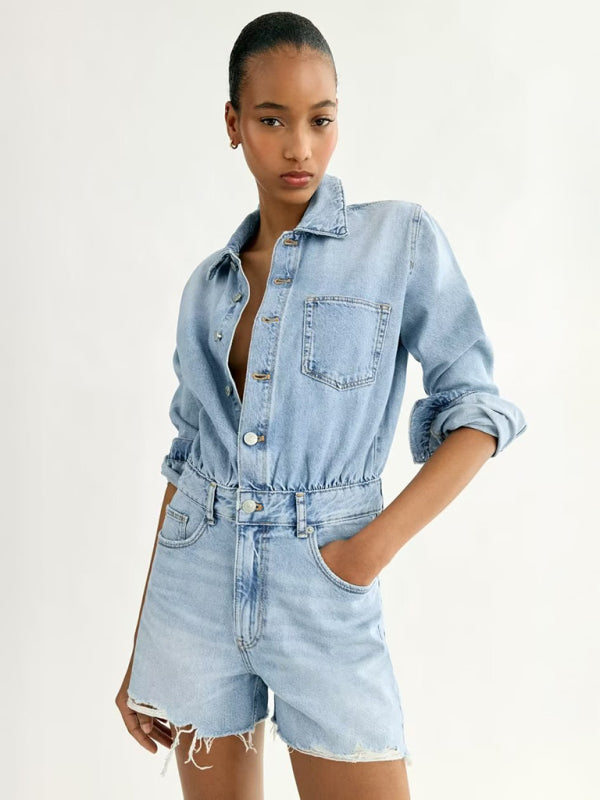 Jumpsuits- Washed Denim Romper - Collared Button-Up Jumpsuit with Long Sleeves- - Pekosa Women Clothing