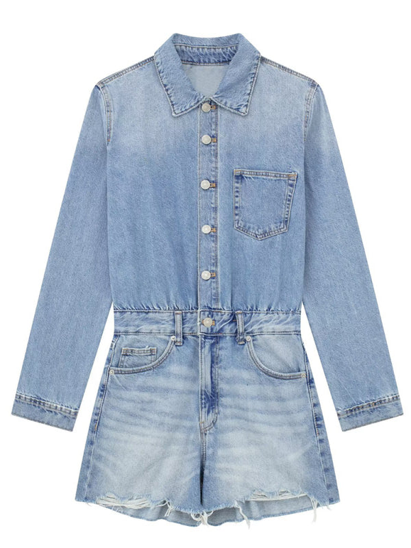 Jumpsuits- Washed Denim Romper - Collared Button-Up Jumpsuit with Long Sleeves- - Pekosa Women Clothing