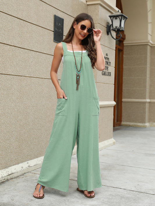 Jumpsuits- Wide-Leg Overalls - Cotton Jumpsuits - Lounge Pantsuits- Mint green- Pekosa Women Clothing