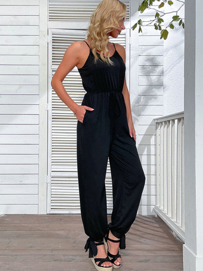 Jumpsuits- Women's Jumpsuit - Ankle Bowknot & Adjustable Waist Overalls- - Pekosa Women Clothing