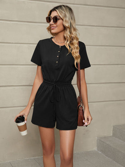 Jumpsuits- Women's Solid Loose Short Tie Jumpsuit - Romper- - Pekosa Women Clothing