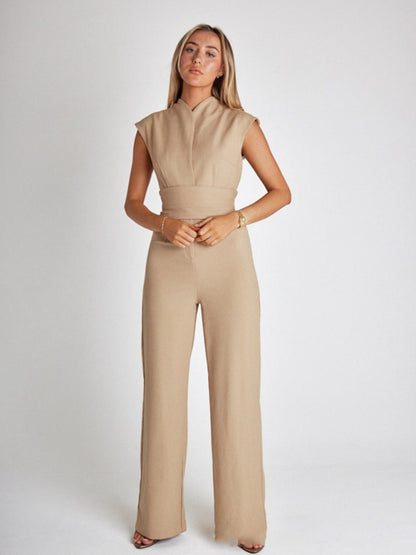 Jumpsuits- Wrap Belt Tie Jumpsuit | Stand Collar Wide-Leg Playsuit- - Pekosa Women Clothing