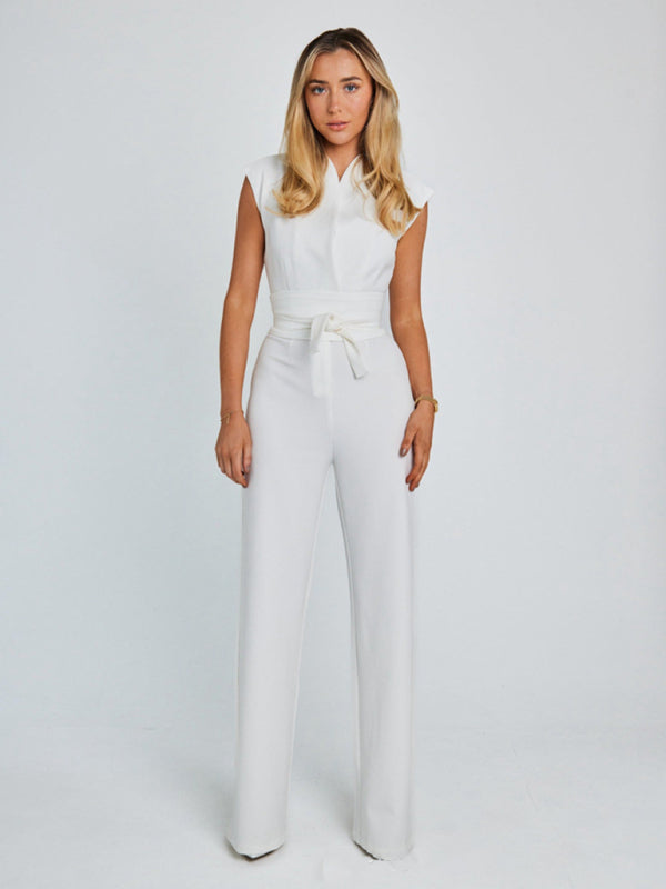 Jumpsuits- Wrap Belt Tie Jumpsuit | Stand Collar Wide-Leg Playsuit- - Pekosa Women Clothing