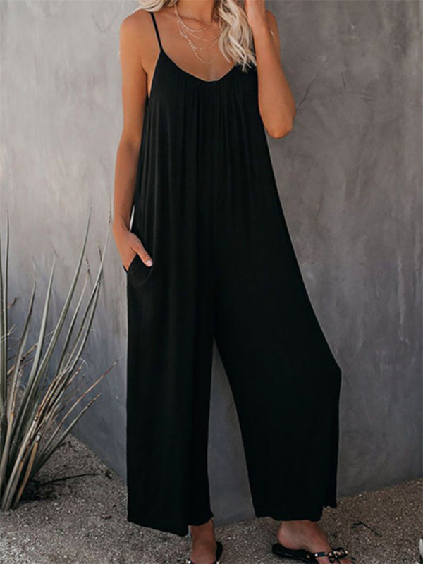 Jumpsutis- Loose Full-Length Cami Playsuit - Solid Oversized Jumpsuit- - Pekosa Women Clothing