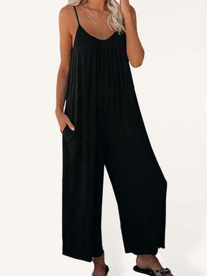 Jumpsutis- Loose Full-Length Cami Playsuit - Solid Oversized Jumpsuit- Black- Pekosa Women Clothing