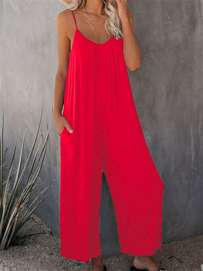 Jumpsutis- Loose Full-Length Cami Playsuit - Solid Oversized Jumpsuit- Red- Pekosa Women Clothing