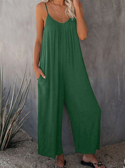 Jumpsutis- Loose Full-Length Cami Playsuit - Solid Oversized Jumpsuit- Green- Pekosa Women Clothing