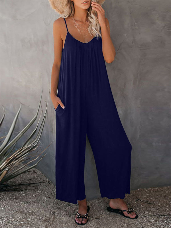 Jumpsutis- Loose Full-Length Cami Playsuit - Solid Oversized Jumpsuit- Blue- Pekosa Women Clothing