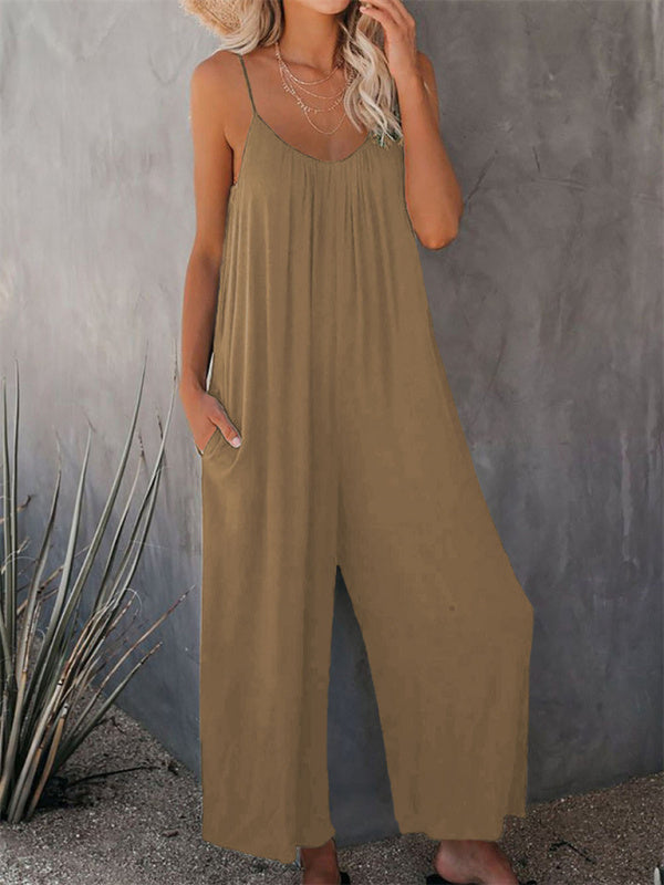 Jumpsutis- Loose Full-Length Cami Playsuit - Solid Oversized Jumpsuit- Khaki- Pekosa Women Clothing