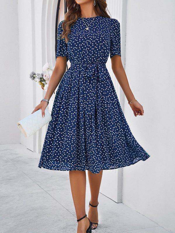 Knee-Length Dresses- Dressy Polka Dot A-Line Belted Tea Dress- Champlain color- Chuzko Women Clothing