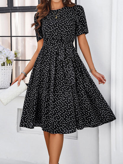 Knee-Length Dresses- Dressy Polka Dot A-Line Belted Tea Dress- - Chuzko Women Clothing