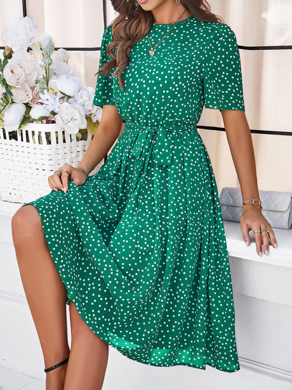 Knee-Length Dresses- Dressy Polka Dot A-Line Belted Tea Dress- - Chuzko Women Clothing