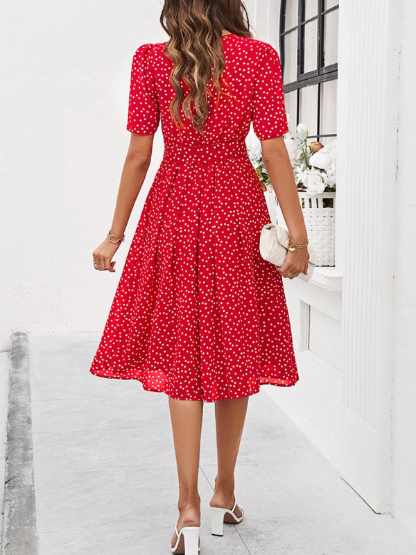 Knee-Length Dresses- Dressy Polka Dot A-Line Belted Tea Dress- - Chuzko Women Clothing