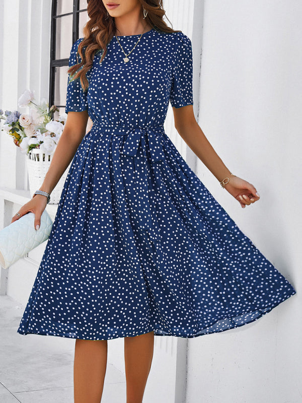 Knee-Length Dresses- Dressy Polka Dot A-Line Belted Tea Dress- - Chuzko Women Clothing