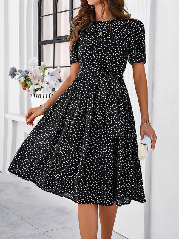 Knee-Length Dresses- Dressy Polka Dot A-Line Belted Tea Dress- - Chuzko Women Clothing