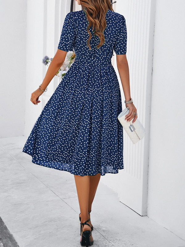 Knee-Length Dresses- Dressy Polka Dot A-Line Belted Tea Dress- - Chuzko Women Clothing