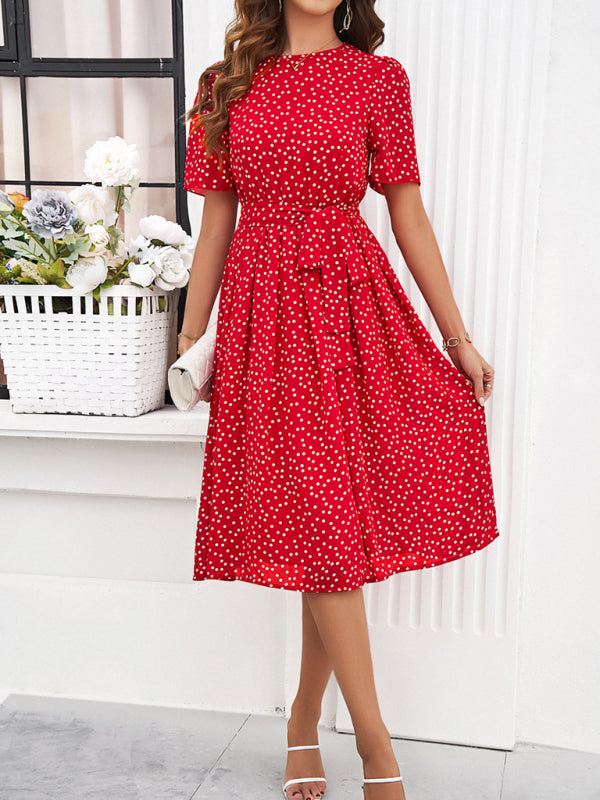 Knee-Length Dresses- Dressy Polka Dot A-Line Belted Tea Dress- - Chuzko Women Clothing