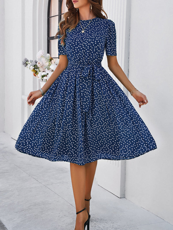 Knee-Length Dresses- Dressy Polka Dot A-Line Belted Tea Dress- - Chuzko Women Clothing