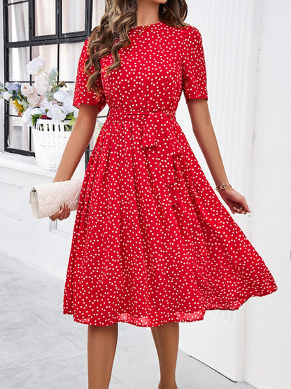 Knee-Length Dresses- Dressy Polka Dot A-Line Belted Tea Dress- - Chuzko Women Clothing