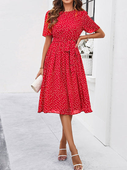 Knee-Length Dresses- Dressy Polka Dot A-Line Belted Tea Dress- - Chuzko Women Clothing