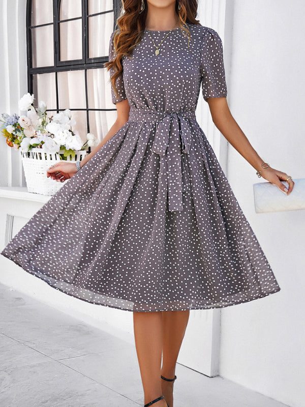 Knee-Length Dresses- Dressy Polka Dot A-Line Belted Tea Dress- - Chuzko Women Clothing