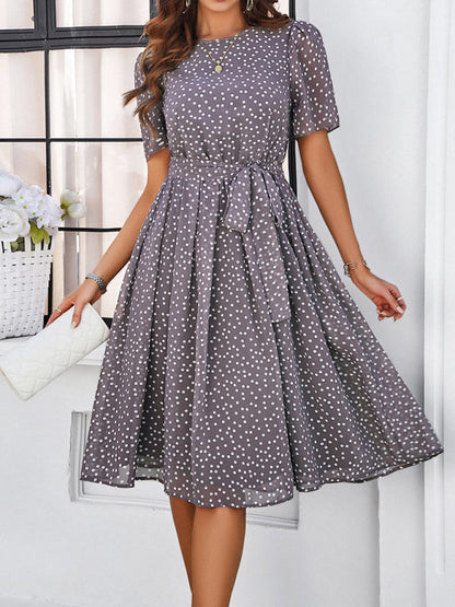 Knee-Length Dresses- Dressy Polka Dot A-Line Belted Tea Dress- - Chuzko Women Clothing