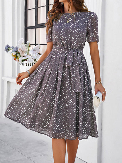 Knee-Length Dresses- Dressy Polka Dot A-Line Belted Tea Dress- - Chuzko Women Clothing