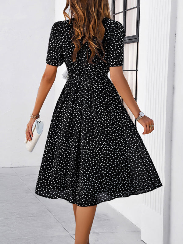 Knee-Length Dresses- Dressy Polka Dot A-Line Belted Tea Dress- - Chuzko Women Clothing