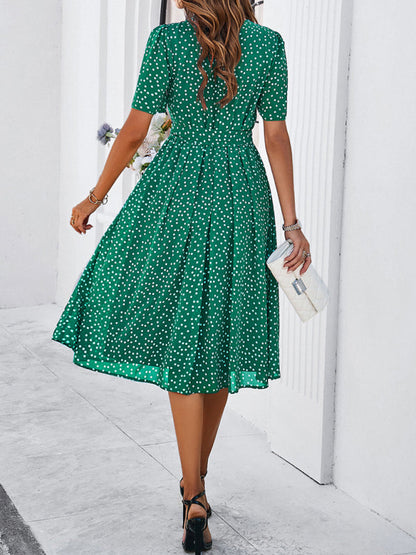 Knee-Length Dresses- Dressy Polka Dot A-Line Belted Tea Dress- - Chuzko Women Clothing