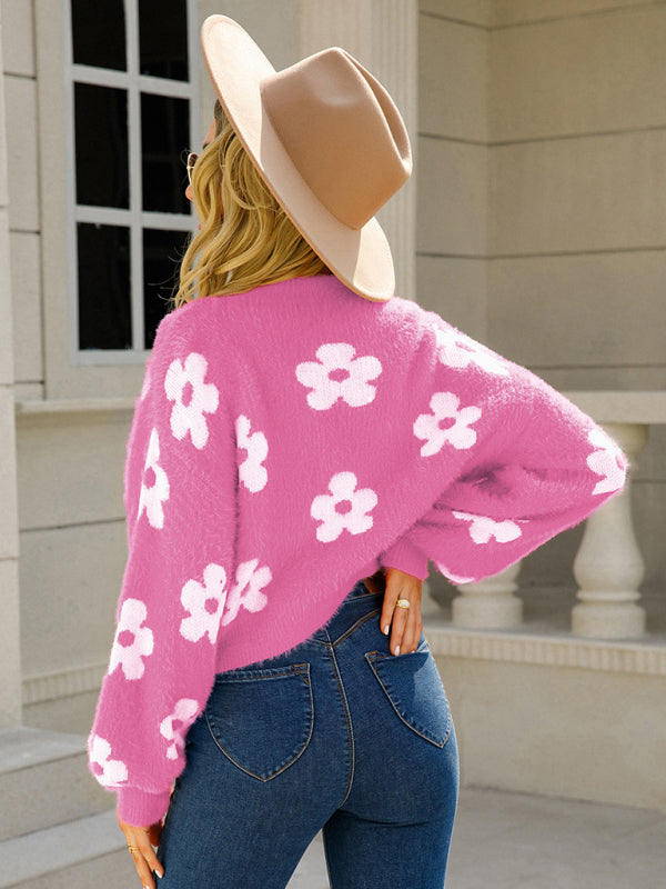 Knit Cardigans- Flower Knit Open Front Cardigan | Floral Fuzzy Sweater- - Pekosa Women Clothing