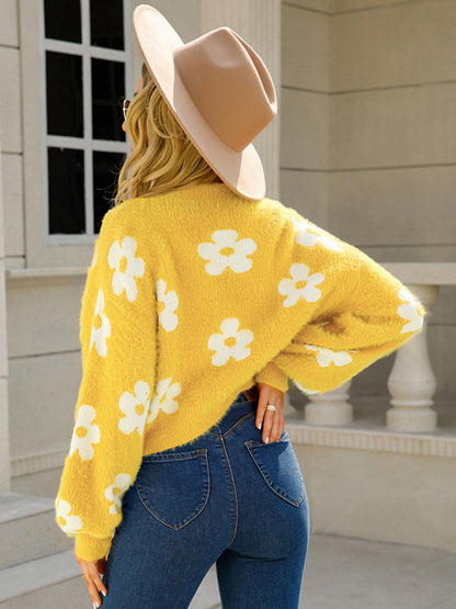 Knit Cardigans- Flower Knit Open Front Cardigan | Floral Fuzzy Sweater- - Pekosa Women Clothing