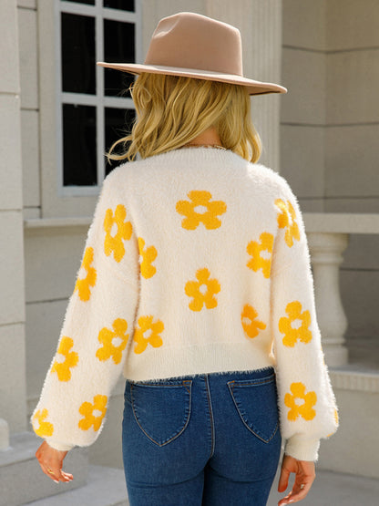 Knit Cardigans- Flower Knit Open Front Cardigan | Floral Fuzzy Sweater- - Pekosa Women Clothing