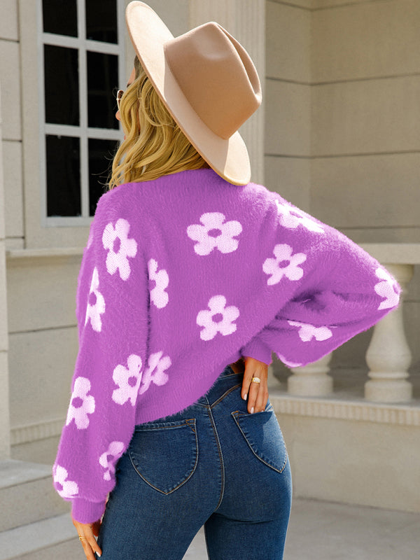 Knit Cardigans- Flower Knit Open Front Cardigan | Floral Fuzzy Sweater- - Pekosa Women Clothing